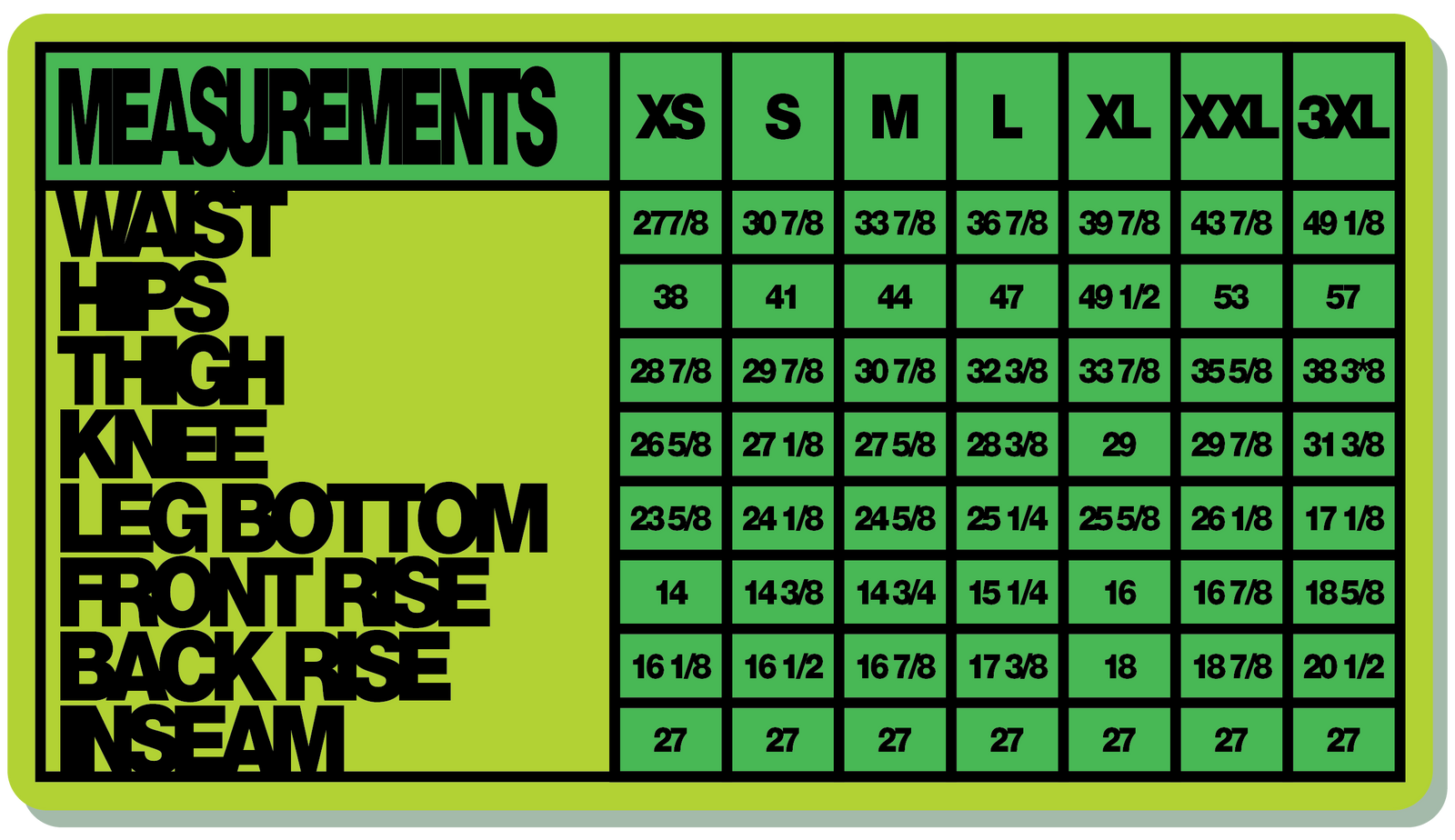 Measurement specs for RIDDIM PANTS